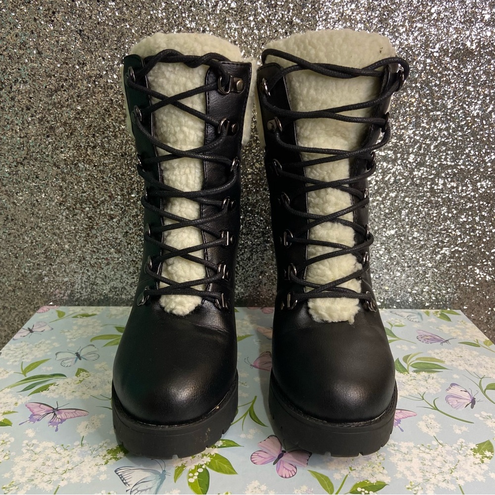 Faux Fur/ Leather Chunk Heel Combat Boots - Picture 2 of 10